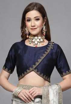 Embroidered Neck Art Silk Angrakha Style Blouse in Dark Blue : UAC157 Angrakha Style Blouse Design, Blouse Designs Latest Neck Design, Turtle Neck Blouse Saree, Angrakha Blouse Design, Dark Blue Blouse Designs, Blouse Designs Front Neck, Angrakha Blouse, Blouses Designs Latest, Side Zip Blouse