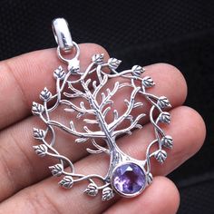 Faceted Amethyst Round Gemstone Tree Of Life Pendant - 925 Sterling Silver Handmade Designer Pretty Unisex Pendant Jewelry Length 2" svp5591 by STARSILVERUSA on Etsy Amethyst Round Pendant With Natural Stones, Nature-inspired Sterling Silver Jewelry With Large Pendant, Spiritual Sterling Silver Round Pendant Gemstone, Labradorite Gemstone Round Pendant, Nickel-free Amethyst Round Pendant Jewelry, Gemstone Pendant Jewelry, Earrings Handmade Dangle, Pretty Pendant, Floral Pendant