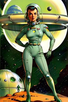 a woman in a green space suit standing on top of a planet with an alien like creature