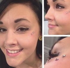 three pictures of a woman with piercings on her nose and eye lashes, smiling