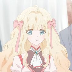 an anime character with long blonde hair and blue eyes, wearing a pink bow around her head