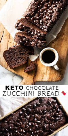 chocolate zucchini bread on a cutting board next to a cup of coffee