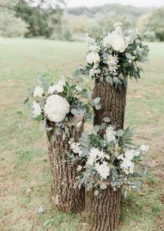 three tree stumps decorated with flowers and greenery for an outdoor ceremony or wedding