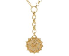 Bold, sophisticated, and statement making, this stunning Foundrae necklace exudes a timeless elegance. The butterfly has an X at its center and sits on the 18K yellow gold medallion with a tiny spade above it. It hangs at the base of the 18K yellow gold large belcher chain extension at the center of the mixed medium and small belcher chain. Its effortless style makes it a perfect necklace to wear every single day. Reverie means 'The Path to Joy' with the idea that elevated positive energy is the Luxury Medallion Necklace For Formal Occasions, Luxury Yellow Gold Medallion Necklace, Luxury Gold-plated Round Medallion Necklace, Luxury Gold Plated Round Medallion Necklace, Luxury Gold Medallion Locket Necklace, Luxury Gold Medallion Pendant Necklace, Yellow Gold Medallion Necklace, Luxury Gold Medallion Necklace, Luxury Medallion Necklace With Coin Pendant