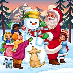 santa claus is making a snowman with children and a dog in front of him