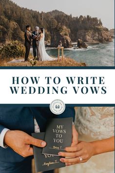 a bride and groom standing next to each other with the title how to write wedding vows