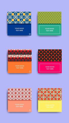 six colorful business cards with different designs on them