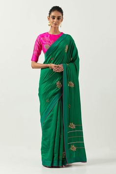 Green Slub Silk Pre-draped Saree For Diwali, Green Resham Embroidered Cotton Silk Blouse Piece, Green Silk Pre-draped Saree With Resham Embroidery, Designer Green Tissue Silk Blouse, Green Tissue Silk Blouse With Dupatta, Green Chanderi Choli With Traditional Drape, Silk Blouse With Zari Weaving For Reception, Green Anarkali Silk Choli, Traditional Green Slub Silk Pre-draped Saree