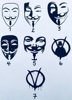 six different masks with faces drawn on them