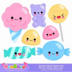 cute kawaii candy clipart set includes ice cream, lollipops and fish