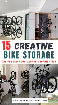 some bikes are hanging on the wall and there is also a storage area for bicycles