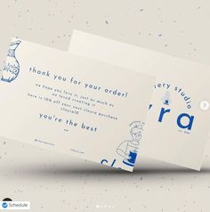 two white cards with blue ink on them and the words, thank you for your order