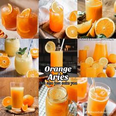 there are oranges and drinks in the pictures