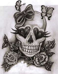 a drawing of a skull with roses and butterflies