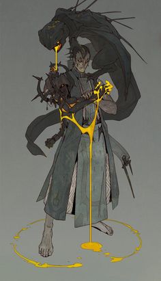 an image of a man with yellow paint on his face and arms, standing next to a demon