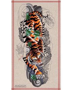 a tiger tattoo design with leaves and flowers on it's back, as well as the