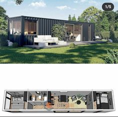 the floor plan for a shipping container home is shown in two different views, one with an open living area