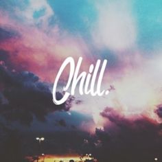 the word chill is written in front of a colorful sky with clouds and bright lights