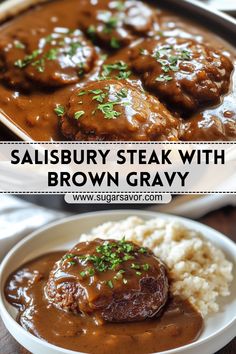 salisbury steak with brown gravy served in a white bowl