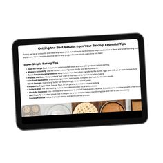 a tablet displaying the recipe for baking essentials on it's screen, with an image of cookies and pies