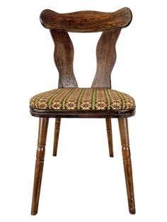 a wooden chair with an upholstered back and seat cushion on top of it