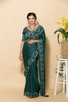 Teal Blue Crepe Saree with stonework and floral embroidery - Anvi Couture Zardosi Saree, Zardozi Saree, Baluchari Saree, Golden Saree, White Embroidered Blouse, Orange Saree, Net Blouses, Cotton Gowns, Crepe Saree