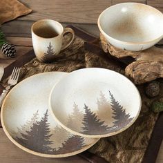 Woodland Shadows Dinnerware Set Woodland Plates And Napkins, Forest Animal Plates, Farmhouse Dinnerware Sets Wood, Pottery Barn Stag Plates, Rustic Dining Set, Rustic Dinnerware, Pine Tree Silhouette, Ceramic Dinnerware Set, Dinner Bowls