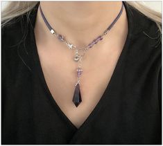 Amethyst stone- pendulum necklace .       Healing with Amethyst ♥ Increases nobility ♥ Spiritual awareness ♥ Psychic abilities ♥ Inner peace and healing ♥ Healing of body, mind & soul ♥ Positive transformation ♥ Meditation ♥ Balance ♥ Relieves stress ♥ Communication powerful and protective stone,it relieves stress and strain,balances mood swings, dispels anger, rage, fear and anxiety. -The lace is not leather. can be extended. -Please avoid contact with water. -I accept credit card. Amethyst Stone Necklace, Pendulum Necklace, Body Mind Soul, Spiritual Necklace, Edgy Jewelry, Necklace Amethyst, Healing Crystal Jewelry, Natural Stones Necklace, Jewelry Inspo