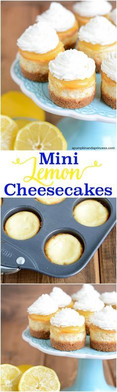 mini lemon cheesecakes in a muffin tin on a blue plate with lemon slices