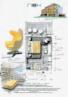 an architectural drawing of a living room and kitchen area with furniture, including a chair