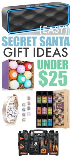 an advertisement for the secret santa gift ideas under $ 2 25 with gifts in boxes