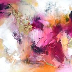 an abstract painting with pink and yellow colors