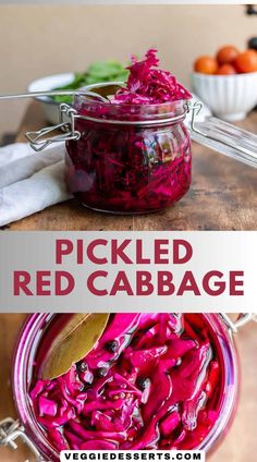 pickled red cabbage in a glass jar with spoons