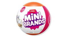 an orange and white egg with the word'mini brands'printed on it, sitting in front of a white background