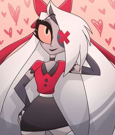 an anime character is dressed in black and white, with red crosses on her chest