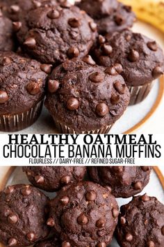 chocolate banana muffins stacked on top of each other with text overlay that reads healthy oatmeal chocolate banana muffins