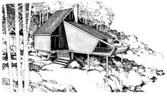 a house in the woods with stairs leading up to it and trees around it, vintage line drawing or engraving illustration