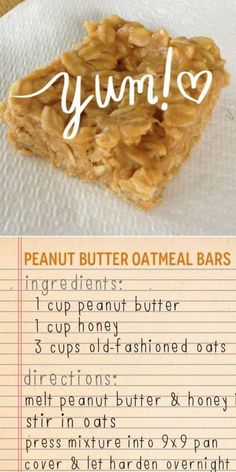 a recipe for peanut butter oatmeal bars with the words yummy written on it