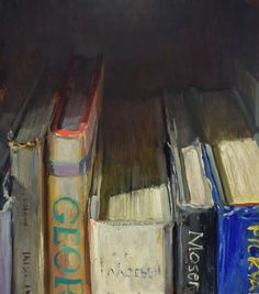 an oil painting of books on a shelf