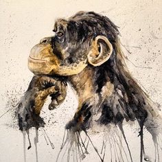 a painting of a monkey holding something in its mouth with it's head hanging down