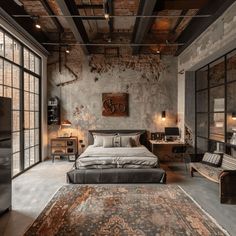 Open-concept industrial bedroom with distinct functional zones and intimate seating area2 Industrial Style Painting, Warm Industrial Interior, Creative Bedroom Designs, Bedroom Room Designs, Industrial Loft Bedroom, Industrial Interior Design Bedroom, Industrial Chic Living Room, Scandinavian Industrial Interior, Industrial Living Room Ideas