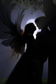 a couple kissing in the moonlight with an angel wings on their back and trees behind them