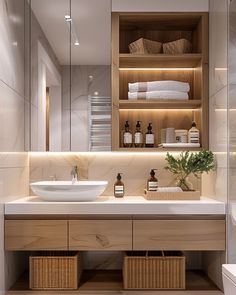 a bathroom with two sinks and wooden shelves