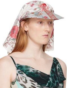 Silk satin scarf-style cap in tones of white and pink. · Graphic pattern printed throughout · Logo embroidered at face · Curved brim · Logo patch at side Supplier color: Multicolor White Spring Visor Hat, White Visor Hat For Spring, White Casual Headscarf For Spring, Spring Hats With Curved Visor, White Brimmed Bonnet For Spring, White Cap Bonnet For Spring, White One Size Fits Most Headscarf For Spring, White Headscarf For Beach, One Size Fits Most, White Headscarf For The Beach, One Size Fits Most