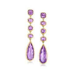 Ross-Simons - 26.40 ct. t. w. Amethyst Drop Earrings in 18kt Gold Over Sterling. Hello, monochrome! These glamorous drop earrings present multi-shaped amethysts, totaling 6.40 ct. t. w., with additional 20.00 ct. t. w. pear-shaped amethysts as the gorgeous grand finale. Crafted in 18kt yellow gold over sterling silver with textured and polished finishes. Hanging length is 2 5/8". Post/clutch, amethyst drop earrings. Amethyst birthstones are the perfect gift for February birthdays. Jewelry Presentation, Amethyst Birthstone, Purple Earrings, Amethyst Jewelry, Amethyst Earrings, Fine Jewellery Earrings, Amethyst Stone, Purple Amethyst, Blue Stone