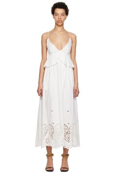 Stella McCartney: White V-Neck Maxi Dress | SSENSE Unlined Cotton Dress For Brunch, Cotton Unlined Dress For Brunch, Fitted Cotton Dress Unlined, Fitted Unlined Cotton Dresses, Stella Mccartney Dress, Stella Mccartney Dresses, Twill Dress, Embroidered Maxi Dress, White Shop