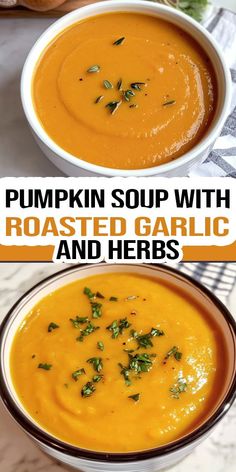 Looking for the ultimate fall soup? 🍂✨ This Pumpkin Soup with Roasted Garlic & Herbs is loaded with flavor and perfect for weeknight dinners. Easy, healthy, and totally delicious! 🥄💛 #SeasonalRecipes #SoupGoals #PumpkinPerfection #GarlicAndHerbs