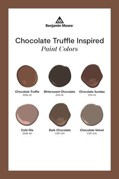 Deep, rich, decadent... this chocolate truffle-inspired paint color palette from Benjamin Moore is ready to bring the deliciously dark vibes. Chocolate Brown Paint Colour Palettes, Paint Colour Palettes, Painters Pallet, Chocolate Brown Paint, Fall Paint Colors, Outside House Paint, Interior Updates, Ashley Bedroom, Brown Paint Colors