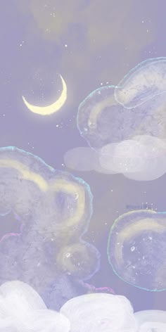 the sky is filled with clouds and stars, as well as crescents in the distance