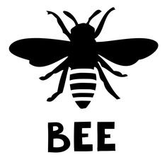 a black and white bee with the word bee in it's center, on a white background